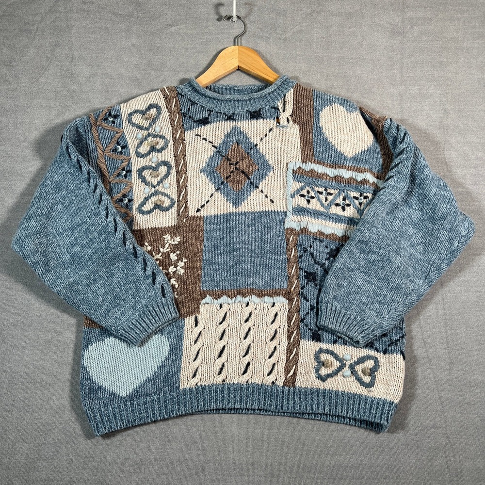Christopher & Banks Vintage Patchwork Embroidered Sweater Womens M Blue Cotton